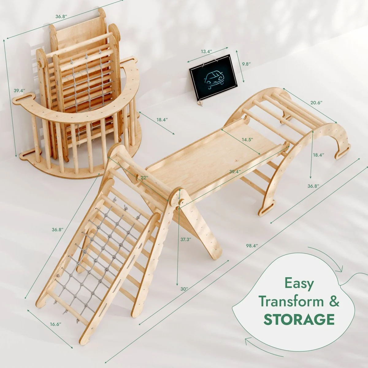 4in1 Montessori Climbing Set: Triangle Ladder + Arch/Rocker + Slide Board/Ramp + Climbing Net – Beige - Image 3