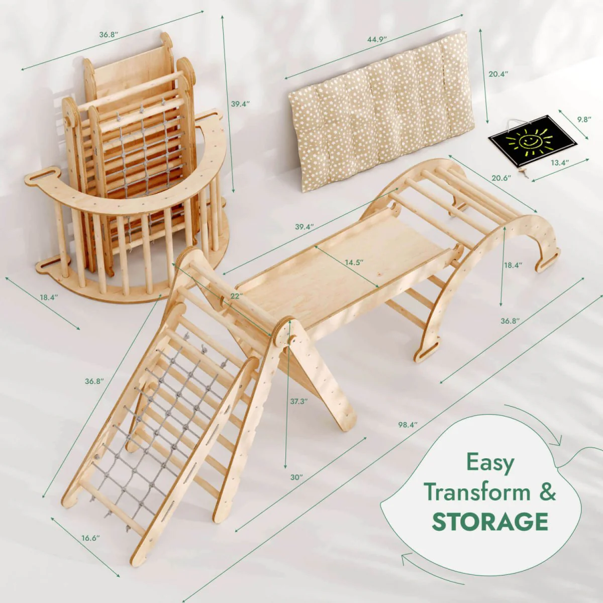 5in1 Montessori Climbing Set: Pikler, Climbing Arch, Slide, Net & Cushion - Image 2