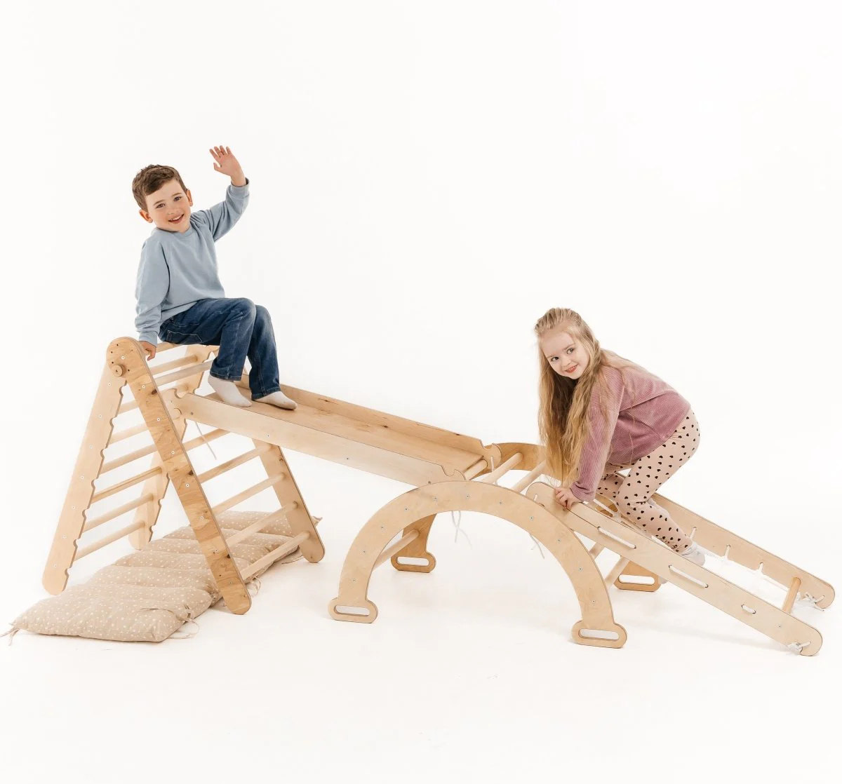 5in1 Montessori Climbing Set: Triangle Ladder + Arch/Rocker + Slide Board/Ramp + Netting rope + Cushion