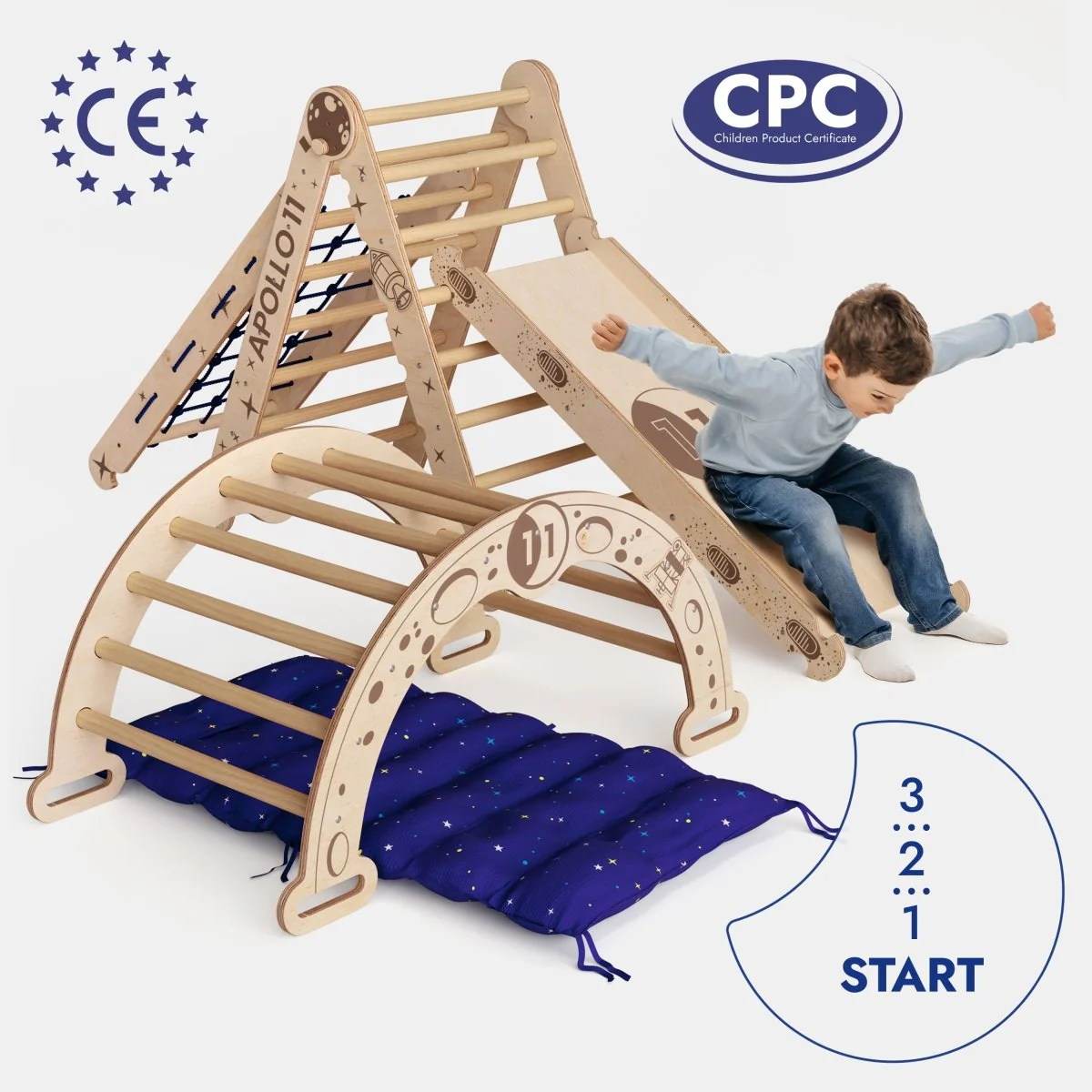 Apollo 5in1 Climbing Set: Pikler Triangle, Net, Arch, Slide Board, and Cushion for Little Astronauts - Image 4