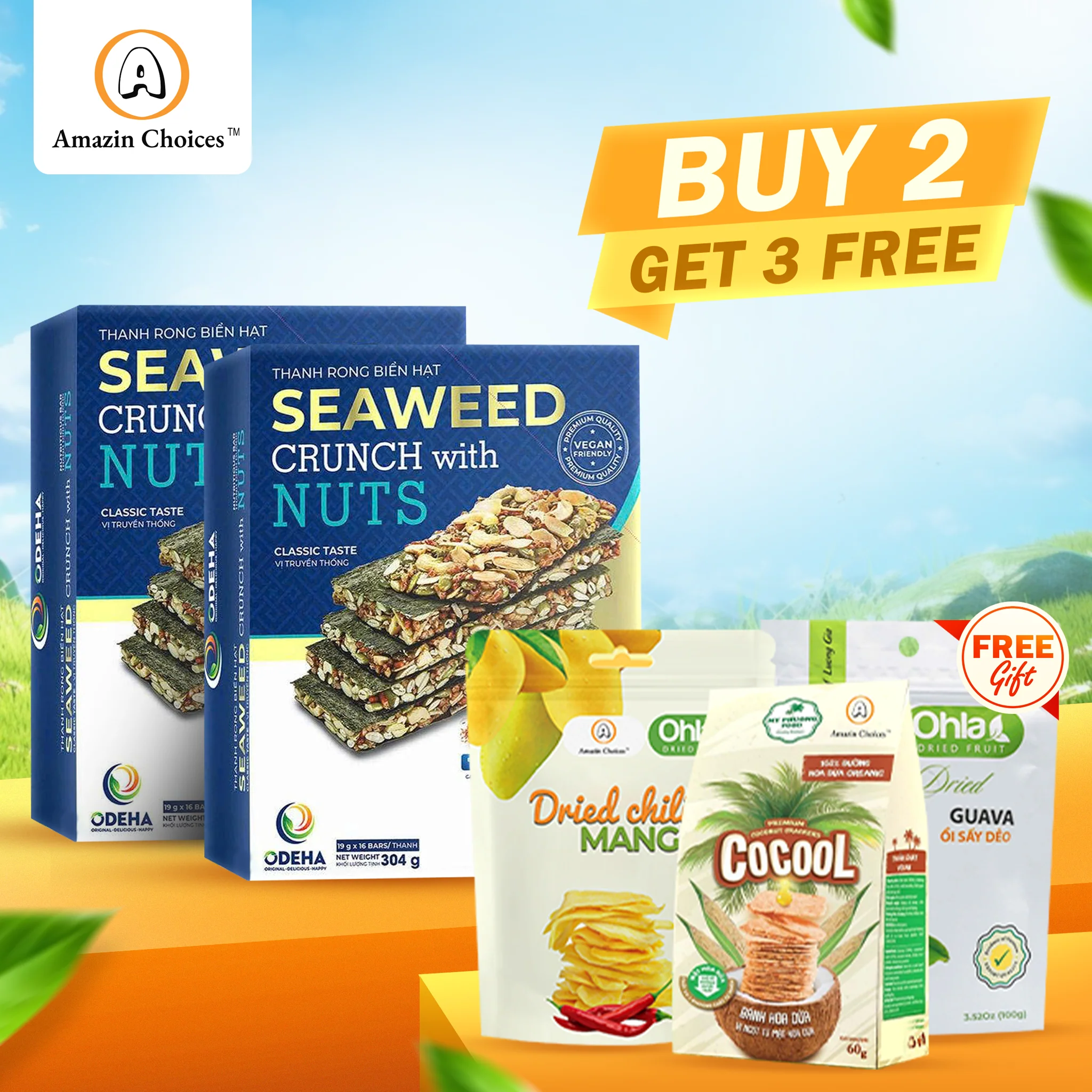 Buy for $39.98, Get 3 FREE Snack Gifts ($20.97 Value) โ Amazin Choices Premium Seaweed Crunch with Nuts, 2 Boxes (32 Bars) โ Gifts: Dried Guava, Coconut Cracker & Dried Chili Mango - Image 2