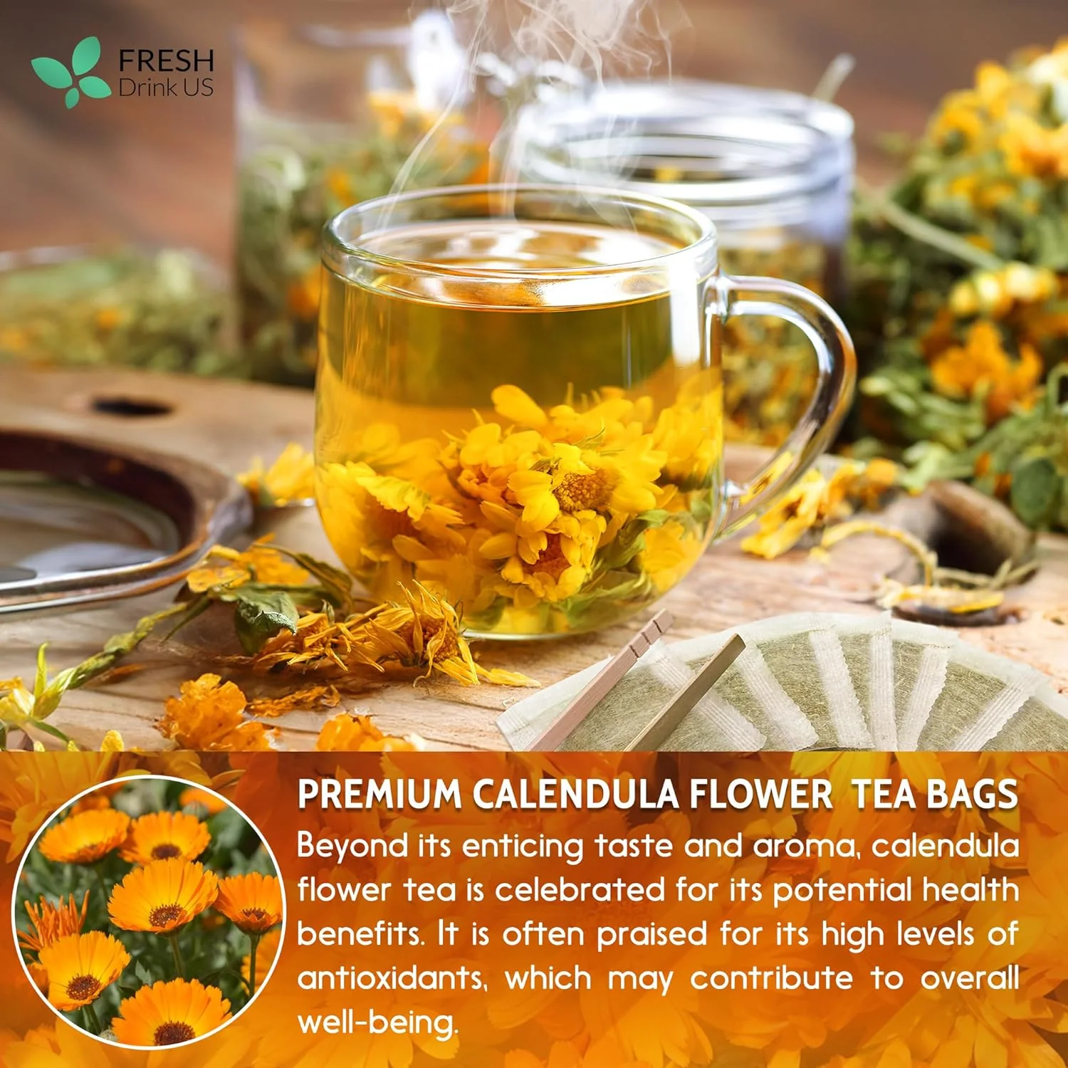Calendula Tea Bags, 100% Natural and Pure Calendula Flowers, Eco-conscious Tea Bags. Calendula Flower Herbal Tea. No Sugar, No Caffeine, No Gluten, Vegan. - Image 9
