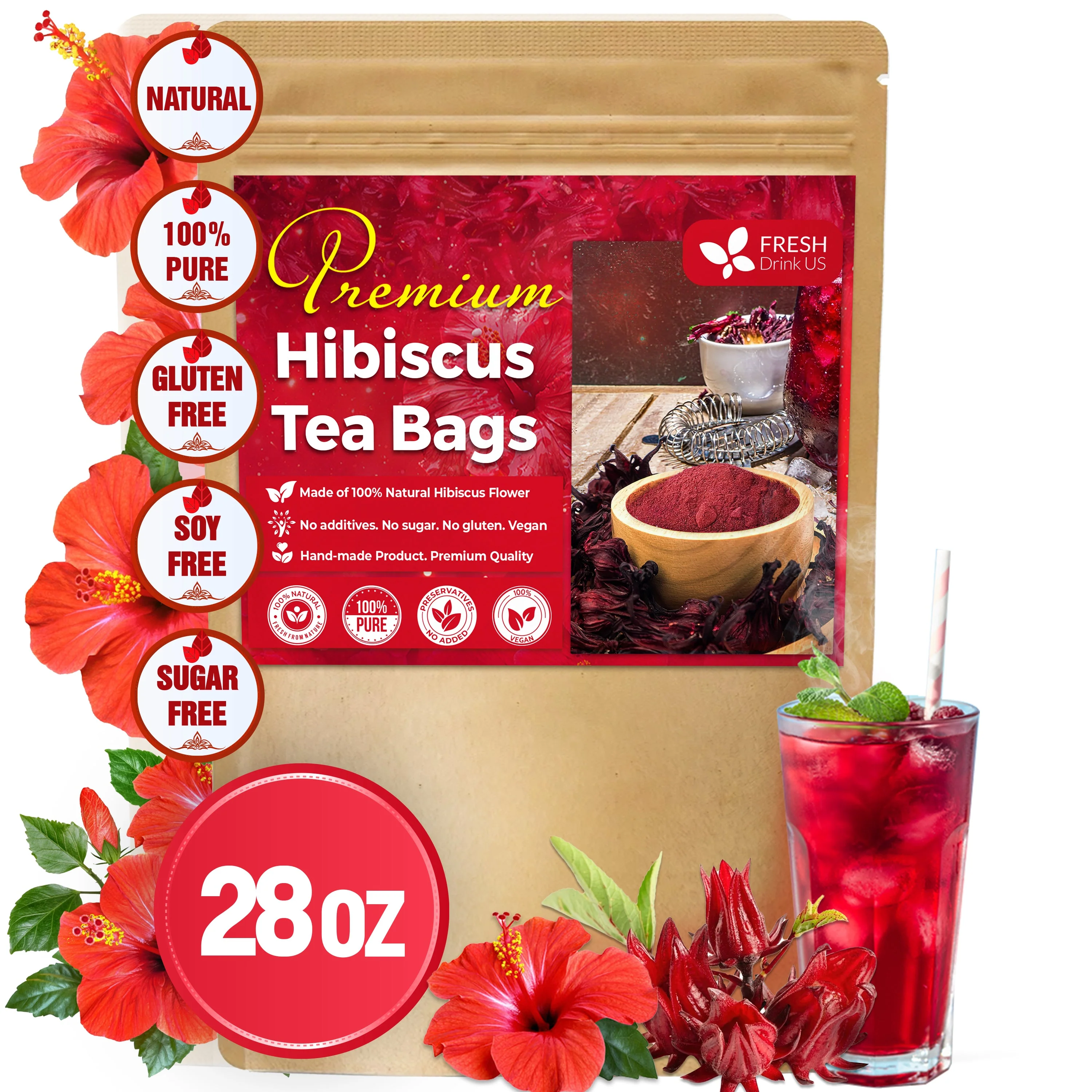 Hibiscus Dried Flowers, Tea Bags, 100% Natural, Pure from Hibiscus Flowers. Loose Flower Hibiscus Herbal Tea. Hibiscus Flower Tea. No Sugar, No Caffeine, No Gluten, Vegan. - Image 14