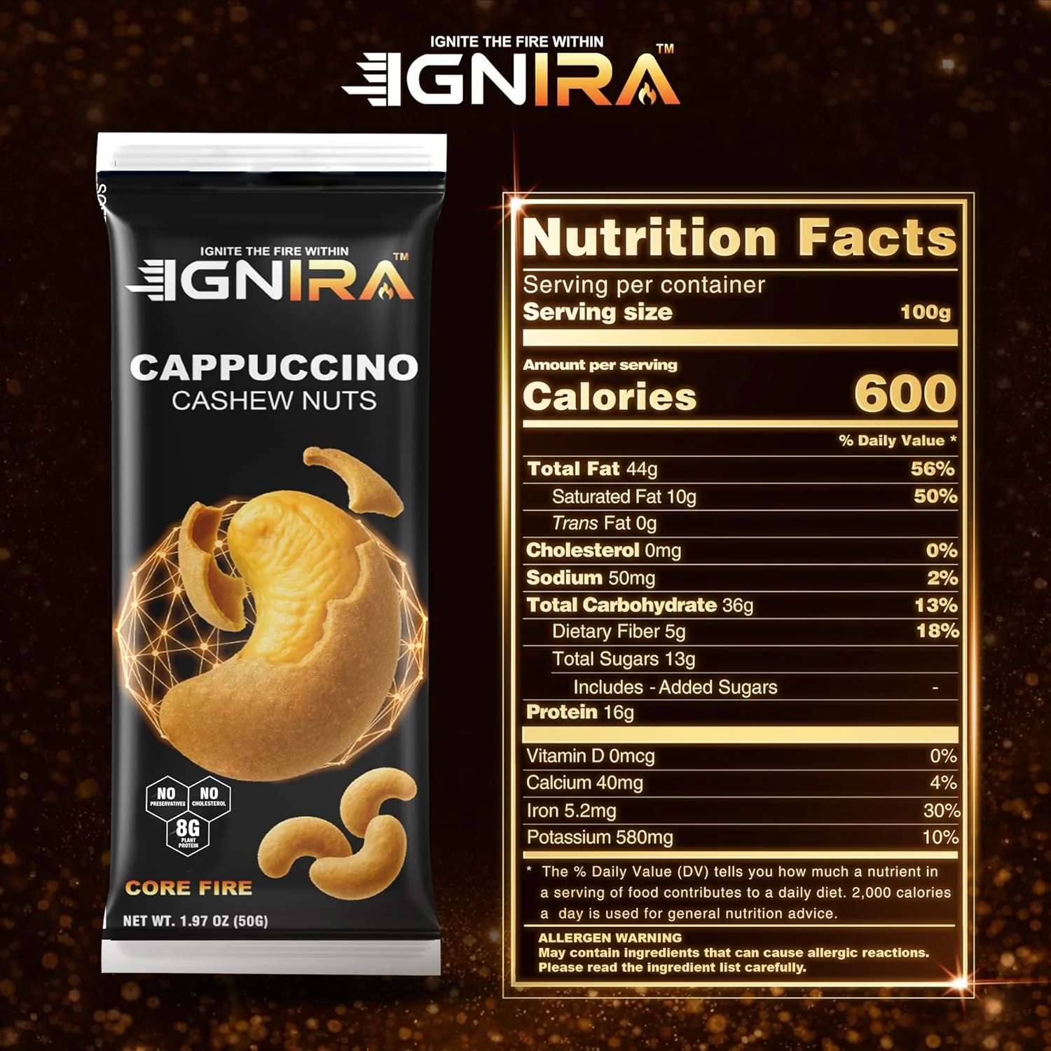 IGNIRA Cappuccino Cashew Nuts – Roasted Cashew Nuts with Cappuccino Flavor, Pack of 6 (1.76 oz/unit) - Image 2