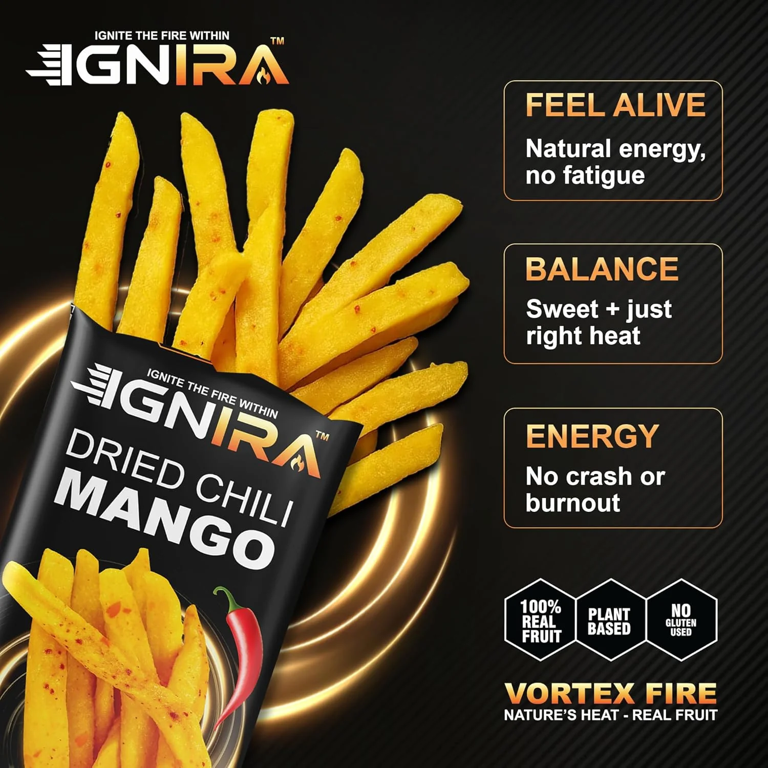 IGNIRA Dried Mango with chili, Sweet & Hot Fruit Snack Strips, Dry Chamoy Mangoes Slices, Chili Mangoes Snacks for Office, Gluten-Free, Plant-Based, Real Fruit, Vortex Energy Pack of 1 (1.67oz) - Image 3