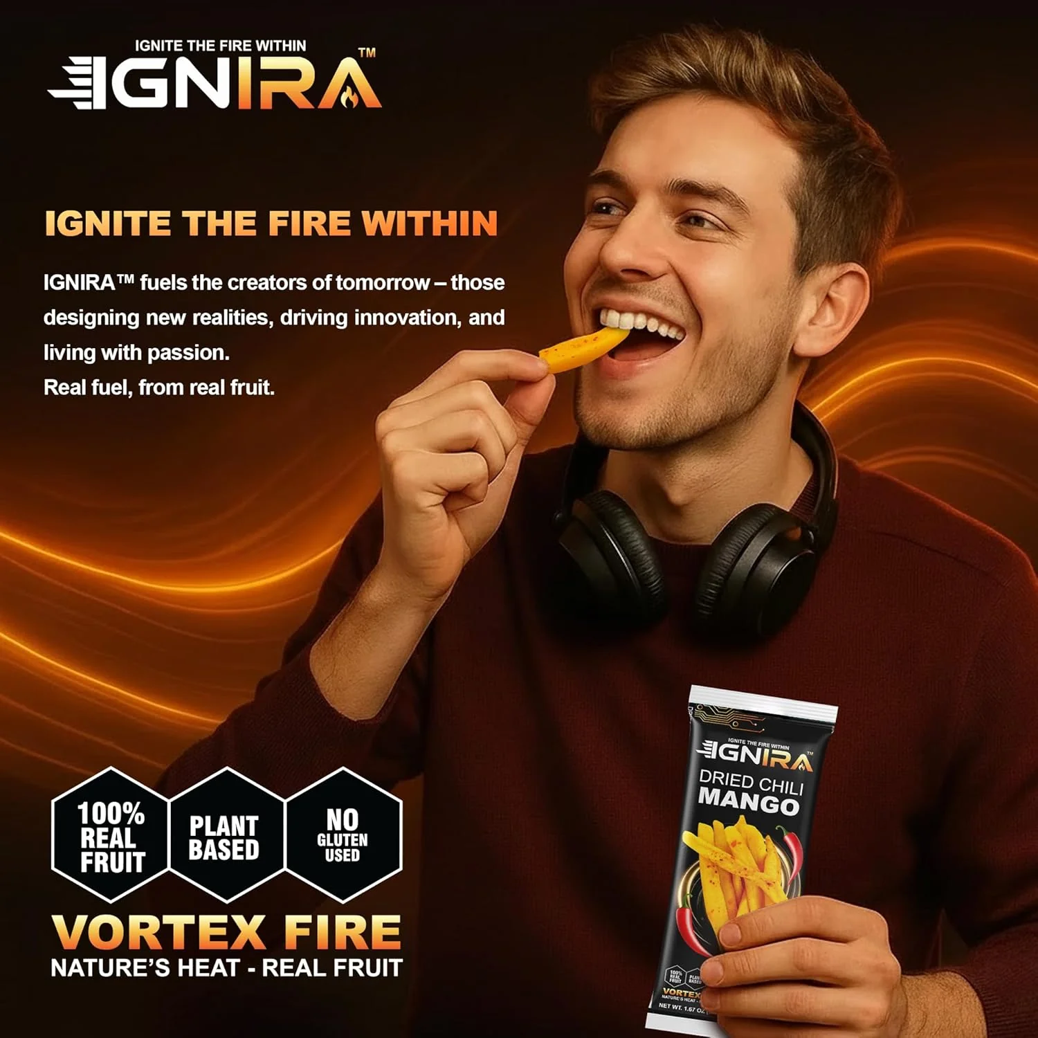 IGNIRA Dried Mango with chili, Sweet & Hot Fruit Snack Strips, Dry Chamoy Mangoes Slices, Chili Mangoes Snacks for Office, Gluten-Free, Plant-Based, Real Fruit, Vortex Energy Pack of 6 (10.02 oz) - Image 7