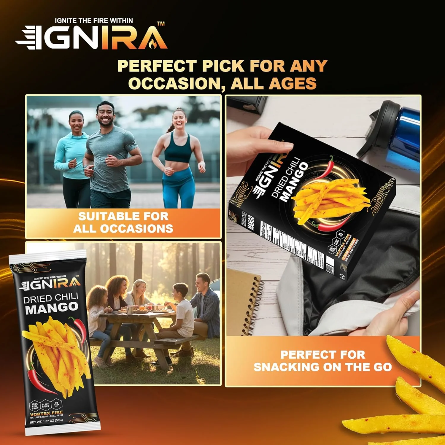 IGNIRA Dried Mango with chili, Sweet & Hot Fruit Snack Strips, Dry Chamoy Mangoes Slices, Chili Mangoes Snacks for Office, Gluten-Free, Plant-Based, Real Fruit, Vortex Energy Pack of 6 (10.02 oz) - Image 8