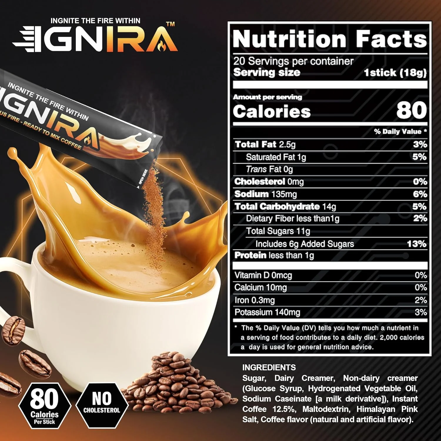 IGNIRA Himalayan Salted Coffee – Premium Robusta Instant Coffee Packets, Hot or Iced Milk Coffees, Smooth Salted Flavor, No Soybeans, No Cholesterol, Ready-to-Mix, Cafe Taste – HexFire Energy, 20 Single-Serve Sticks (12.69 oz) - Image 2