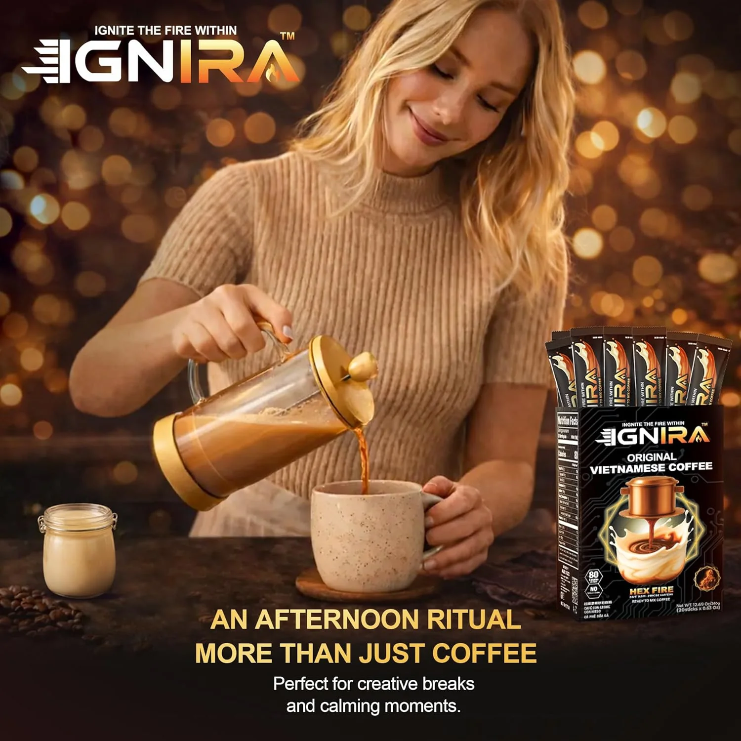 IGNIRA Original Instant Coffee – Hot or Iced Milk Coffees, Premium Robusta Instant Coffee Packets, Not Too Sweet, No Cholesterol, No Soybeans, Ready-to-Mix – HexFire Energy, 20 Single-Serve Sticks (12.69 oz) - Image 5