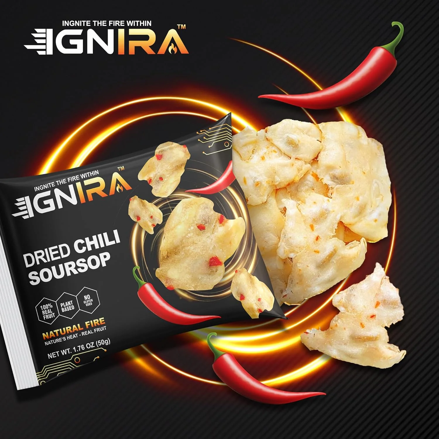 IGNIRA Spicy Dried Soursop with Chili, Vegan Sweet & Hot Fruit Snacks, Premium Soft Dried Chili Soursop, Plant-based, Gluten-free, Real Fruit Snack Strips, Vortex Fire energy Pack of 1 (1.76 oz) - Image 3