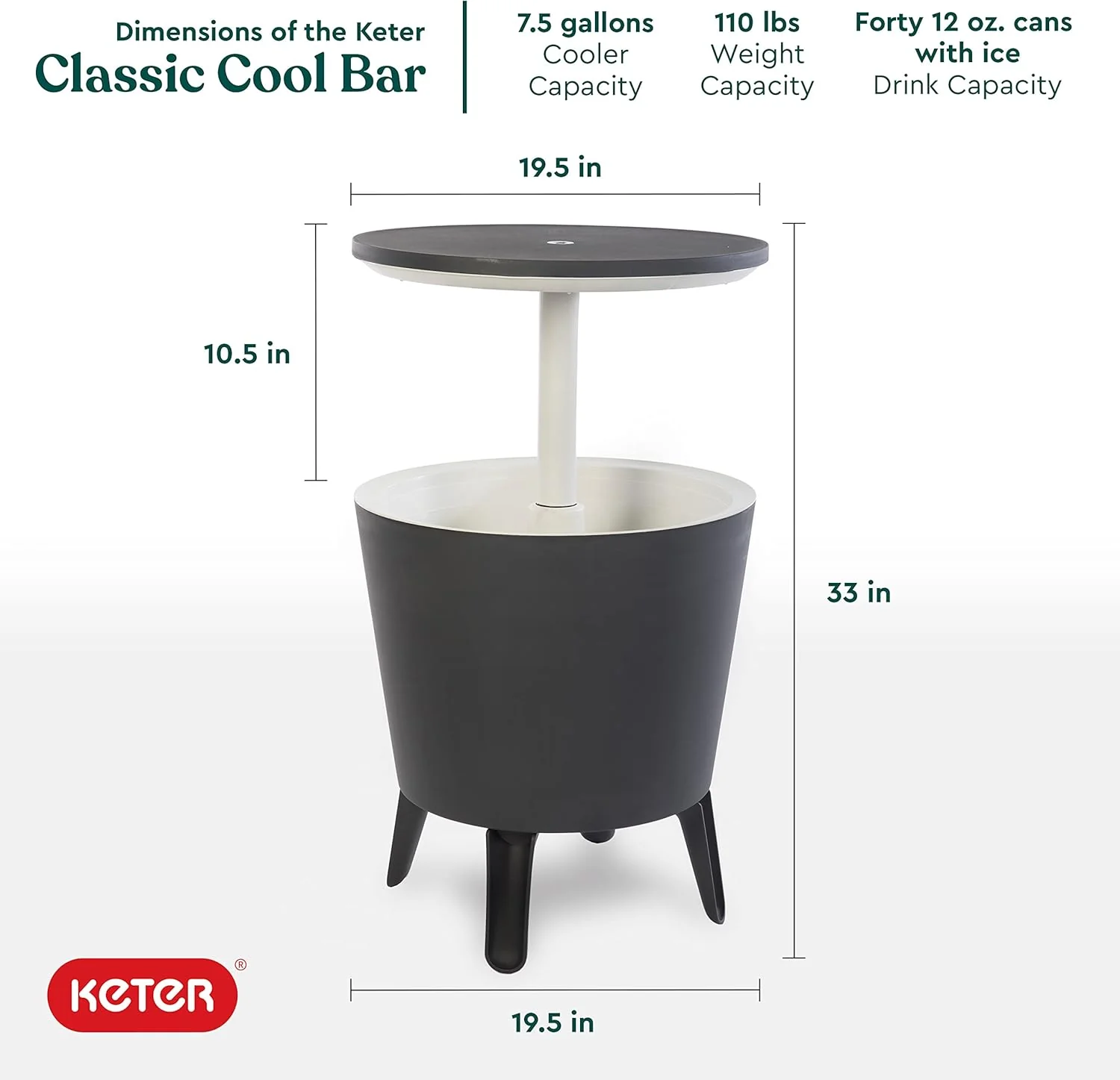 Keter Modern Cool Bar Outdoor Patio Furniture and Hot Tub Side Table with 7.5 Gallon Beer and Wine Cooler, Dark Grey - Image 3