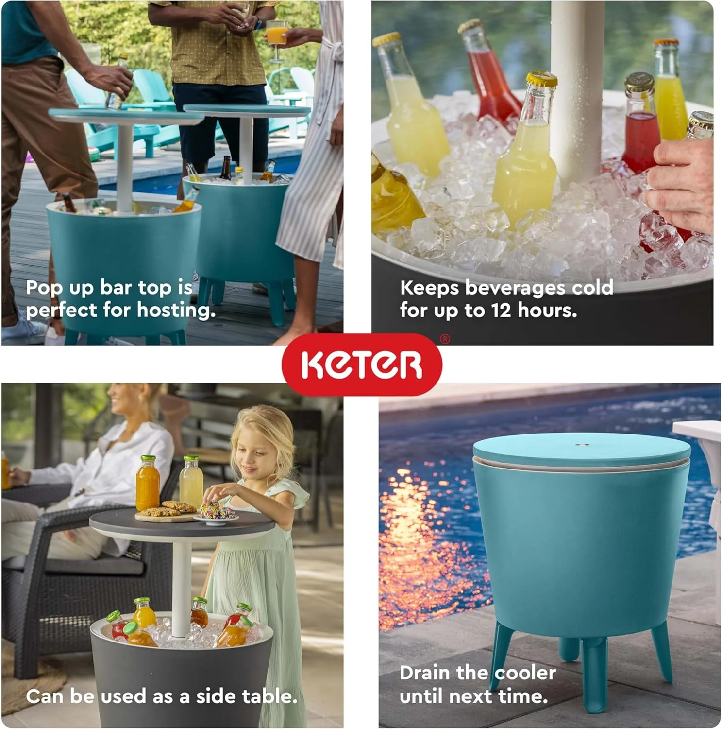Keter Modern Cool Bar Outdoor Patio Furniture and Hot Tub Side Table with 7.5 Gallon Beer and Wine Cooler, Teal - Image 7