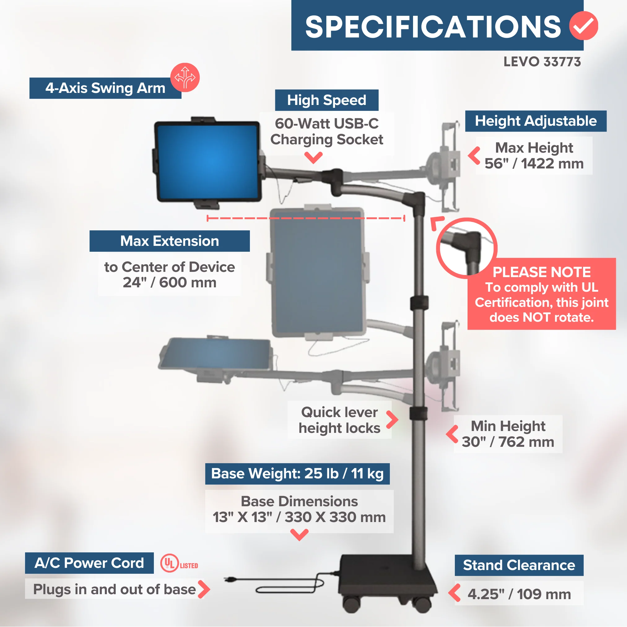LEVO G2 Commercial Tablet Cart / Stand with 60 Watt USB-C Charging Port - Image 8