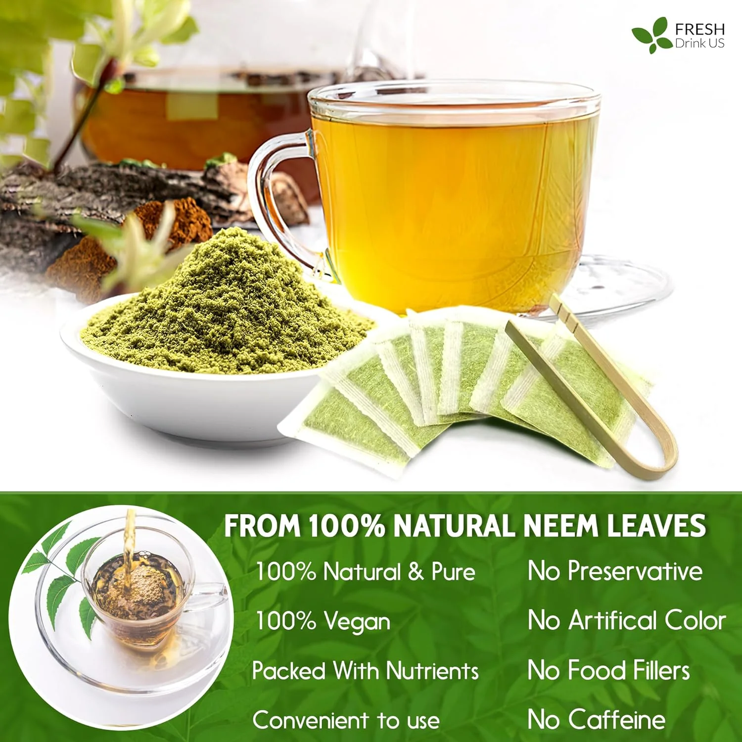 Neem Leaf Tea Bags, 100% Natural and Pure from Neem Leaves. Loose Leaf Neem Herbal Tea. Neem Leaf Tea. No Sugar, No Caffeine, No Gluten, Vegan. - Image 2