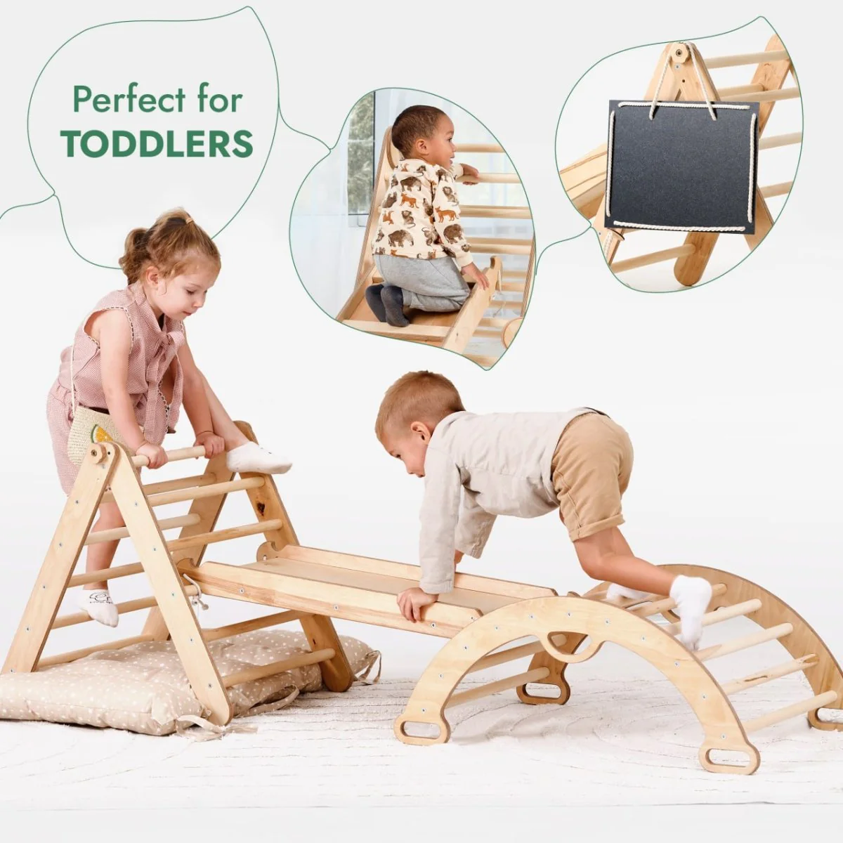 Pikler Triangle Set for Toddlers: Triangle Ladder + Climbing Arch + Slide Board + Cushion - Image 2