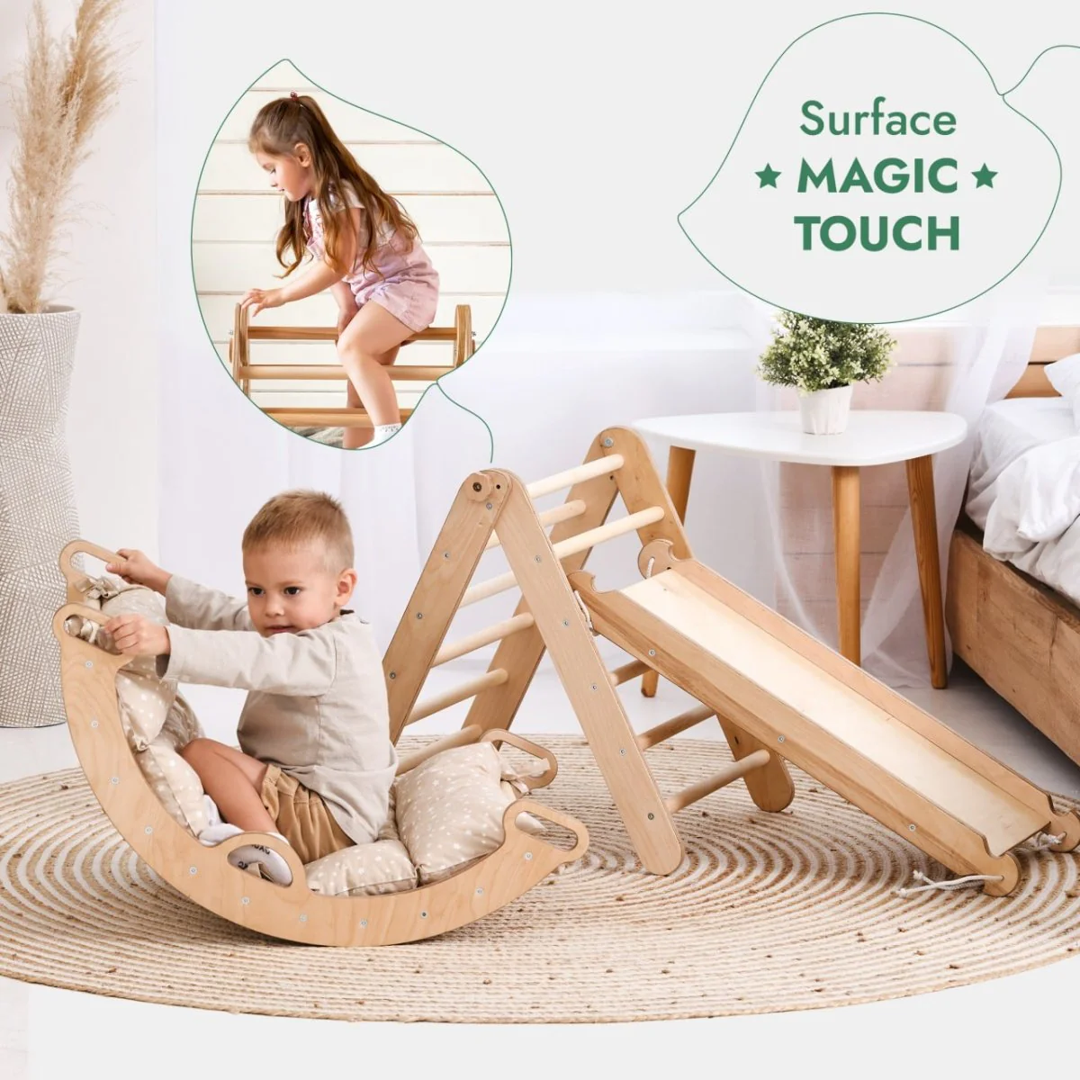 Pikler Triangle Set for Toddlers: Triangle Ladder + Climbing Arch + Slide Board + Cushion - Image 6