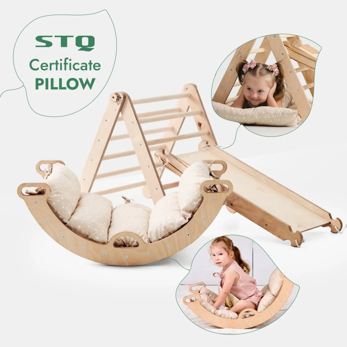 Pikler Triangle Set for Toddlers: Triangle Ladder + Climbing Arch + Slide Board + Cushion - Image 7