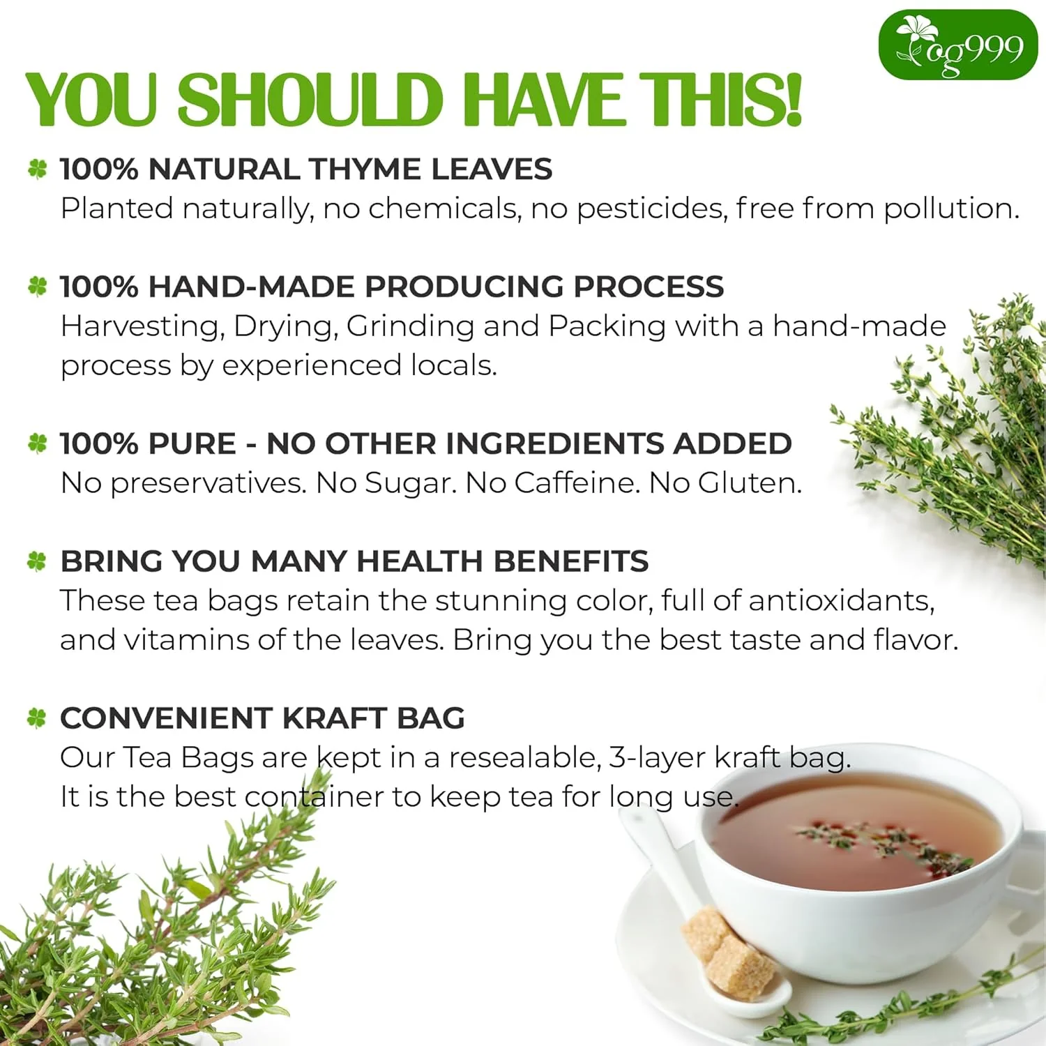 Premium 40 Thyme Leaf Tea Bags, 100% Natural & Pure, Loose Leaf Herbal Tea. - Image 3