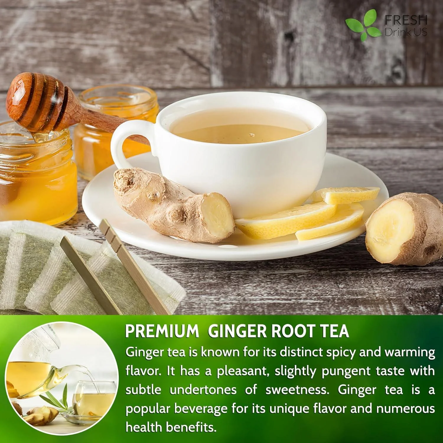 Premium Ginger Tea Bags, 100% Natural & Pure from Ginger Roots, Ginger Tea, Ginger Herbal Tea. Ginger Tea. No Sugar, No Caffeine, No Gluten, Vegan. - Image 2