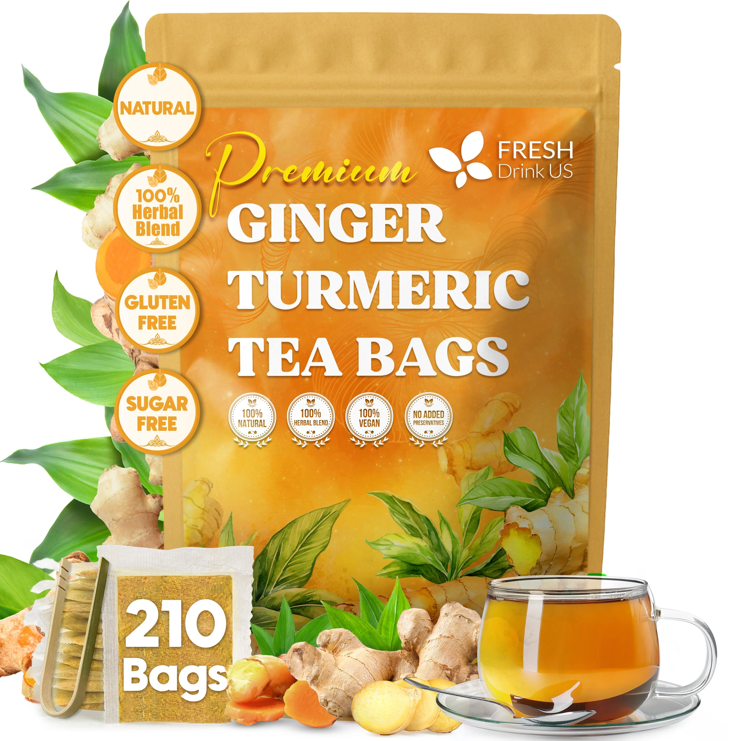 Premium Ginger Turmeric Tea Bags, Hand-made Blend of Ginger and Turmeric Herbal Tea, Eco-conscious Tea Bags. No Sugar, No Caffeine, No Gluten, Vegan. - Image 16