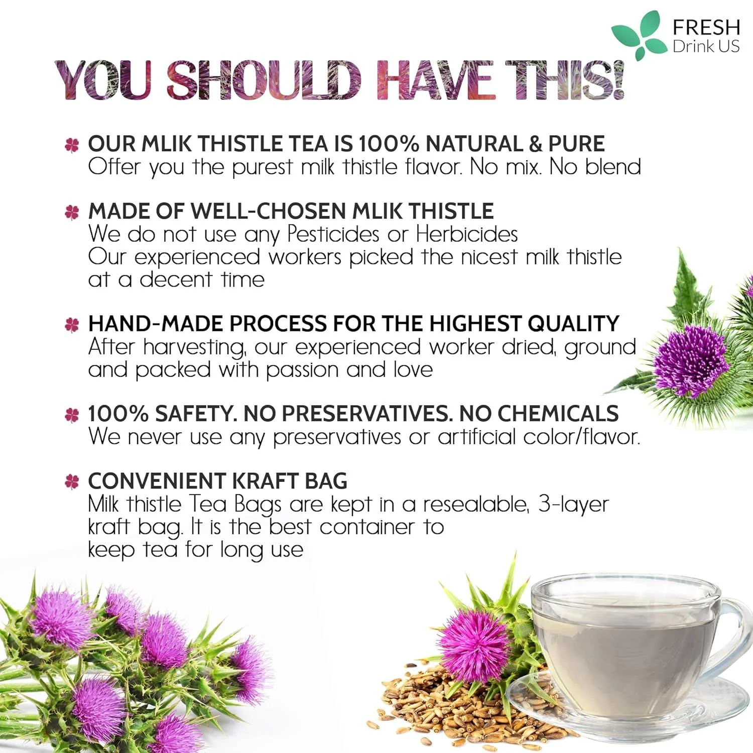 Premium Milk Thistle Tea Bags, 100% Natural & Pure from Milk Thistle Seeds. Milk Thistle Seed Herbal Tea. Milk Thistle Seed Tea. Made with Natural Material Tea Bags. No Sugar, No Caffeine, No Gluten, Vegan. - Image 2