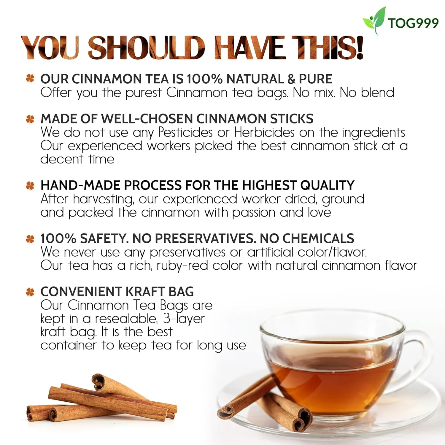 Pure Cinnamon Tea, 100% Natural & Pure Cinnamon. Cinnamon Herbal Tea. Cinnamon Stick Herbal Spice Tea. No Sugar, No Caffeine, No Gluten, Vegan. - Image 2