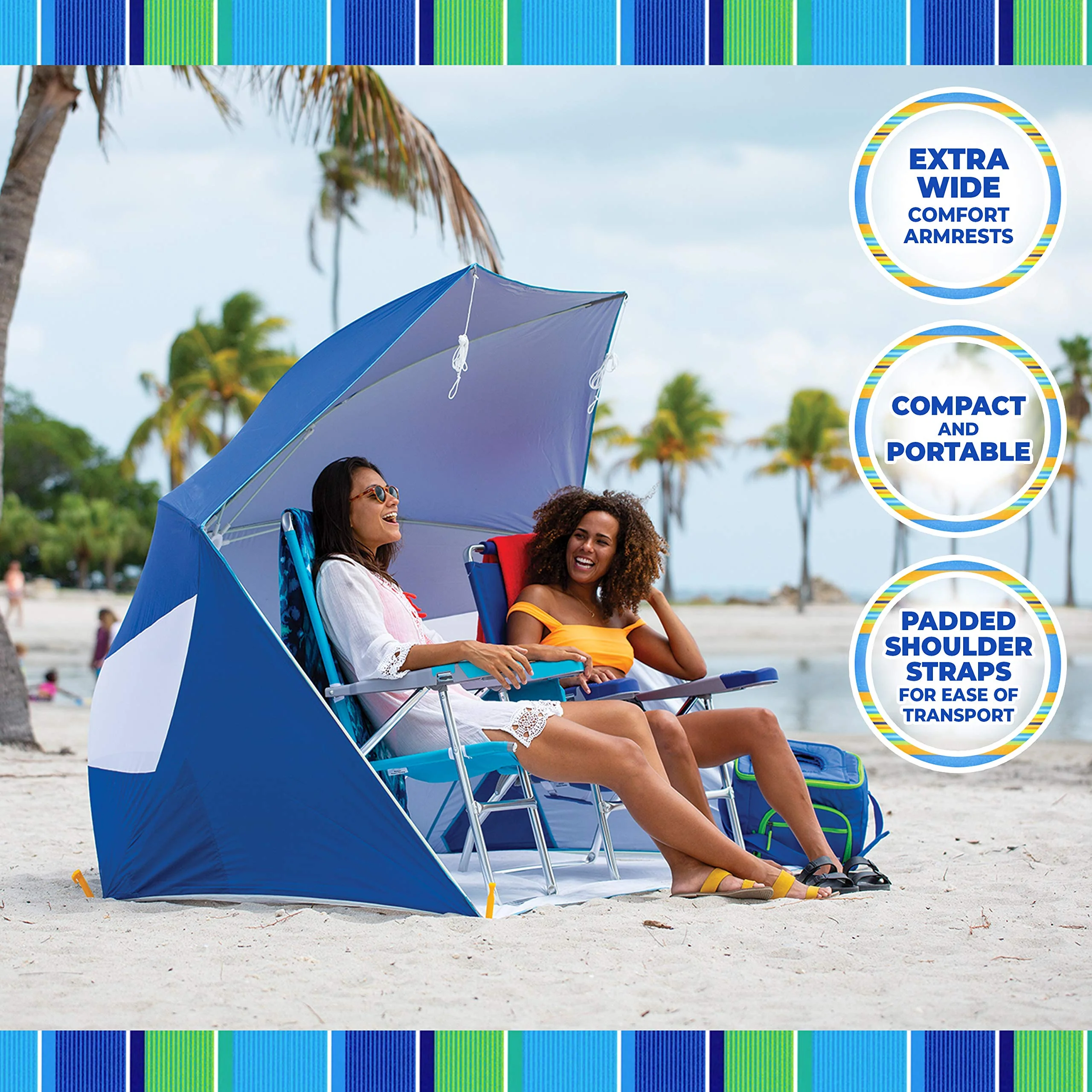 Rio Brands 17" Extended Height 4-Position Folding Beach, Camping, Lawn Chair, Blue/White/Green - Image 10