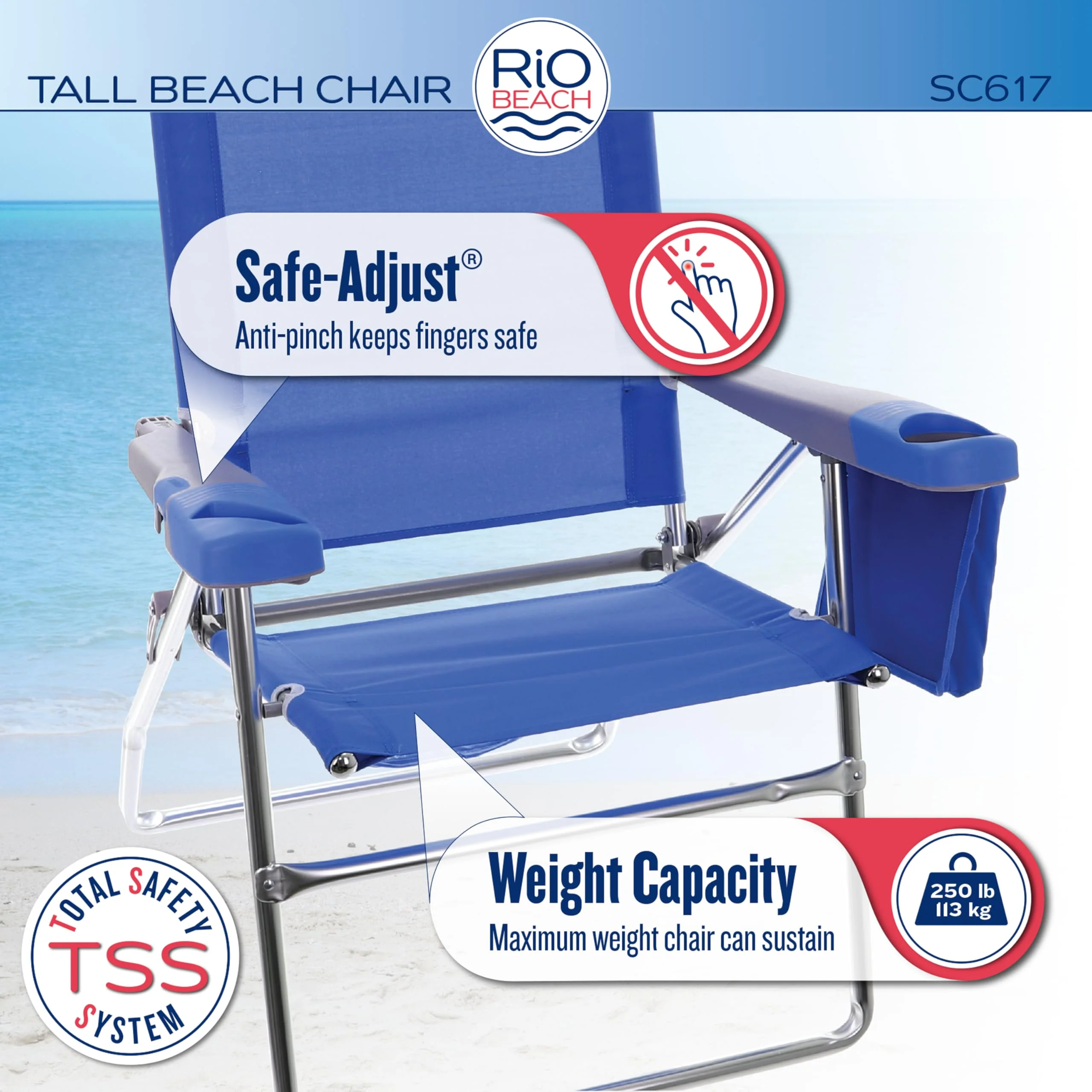 Rio Brands 17" Extended Height 4-Position Folding Beach, Camping, Lawn Chair, Blue/White/Green - Image 14