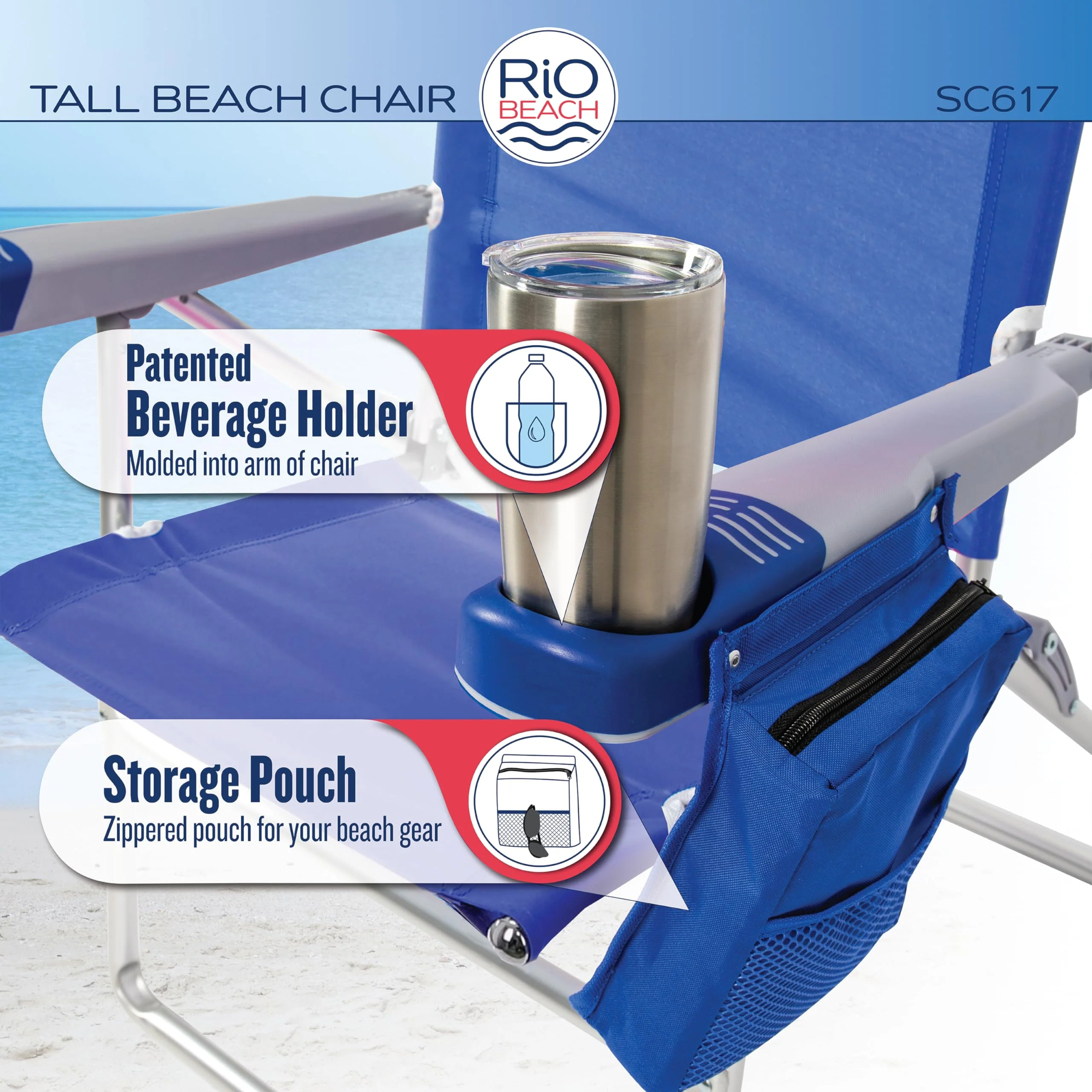 Rio Brands 17" Extended Height 4-Position Folding Beach, Camping, Lawn Chair, Blue/White/Green - Image 17