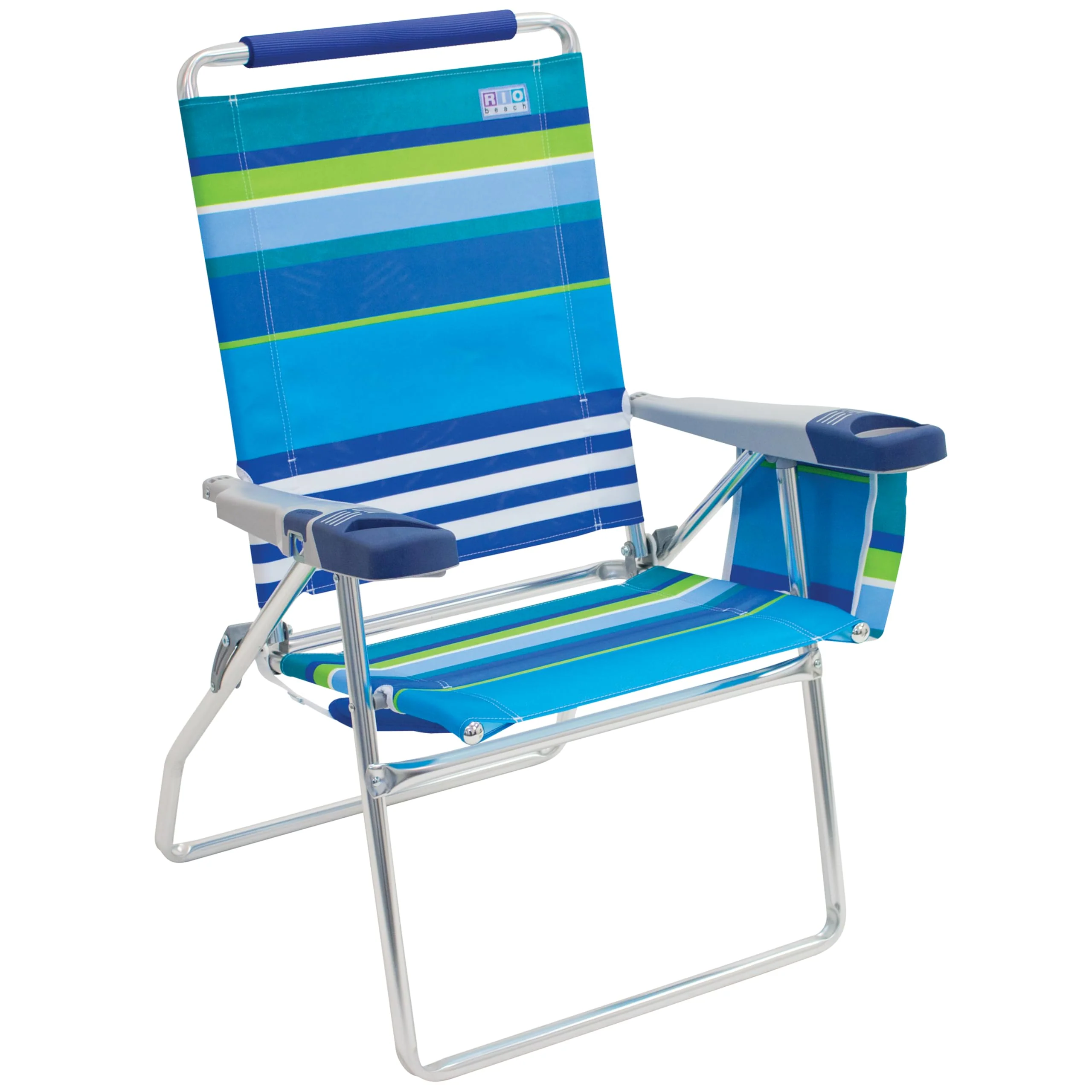Rio Brands 17" Extended Height 4-Position Folding Beach, Camping, Lawn Chair, Blue/White/Green - Image 3
