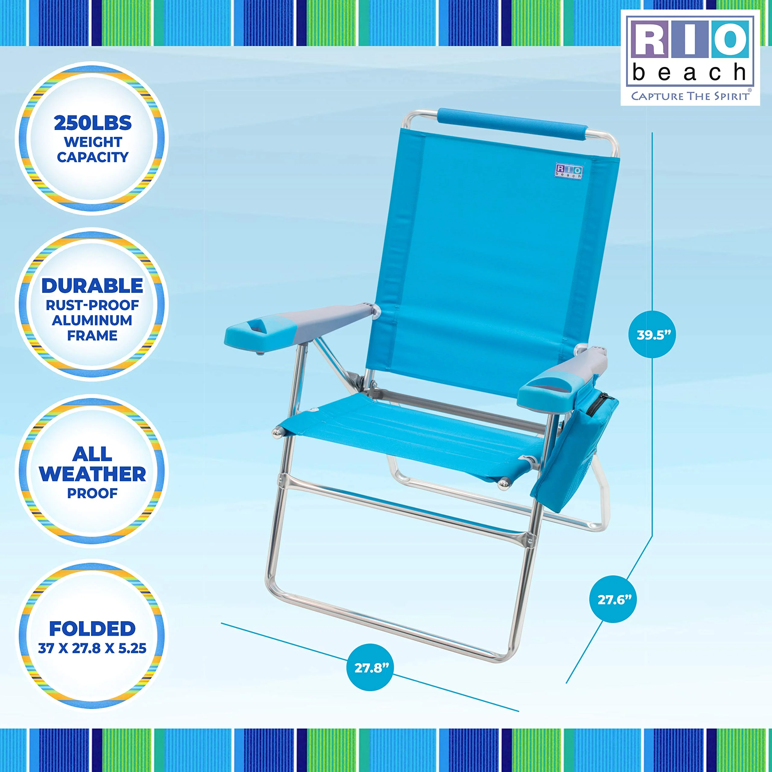 Rio Brands 17" Extended Height 4-Position Folding Beach, Camping, Lawn Chair, Blue/White/Green - Image 6