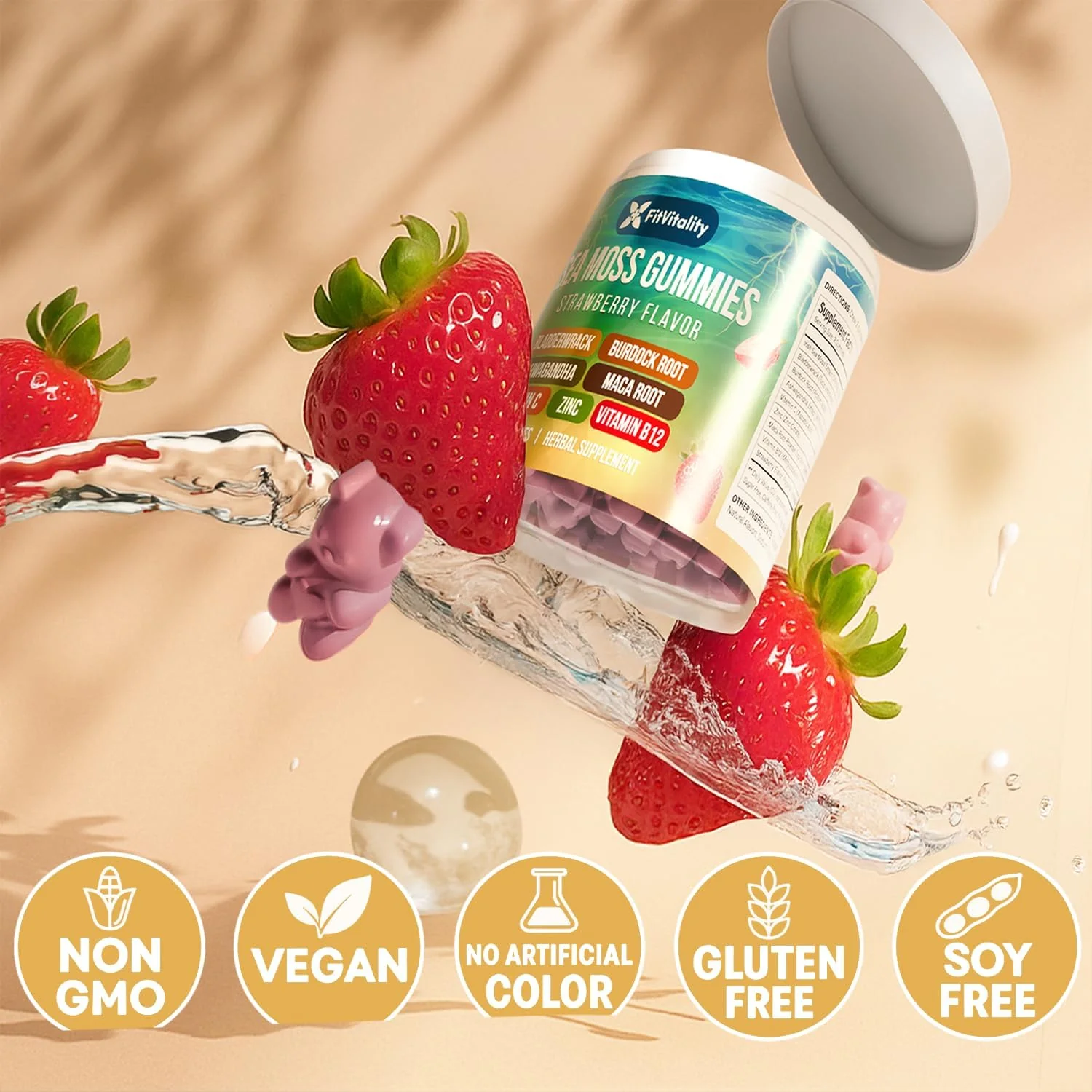 Sea Moss Gummies | Strawberry Flavor Vegan Gummies | Extra Rich 9-in-1 Formulation with Irish Sea Moss, Elderberry, Bladderwrack, Burdock, Ashwagandha, Maca, Zinc, B12 | Energy & Immune Support - Image 7