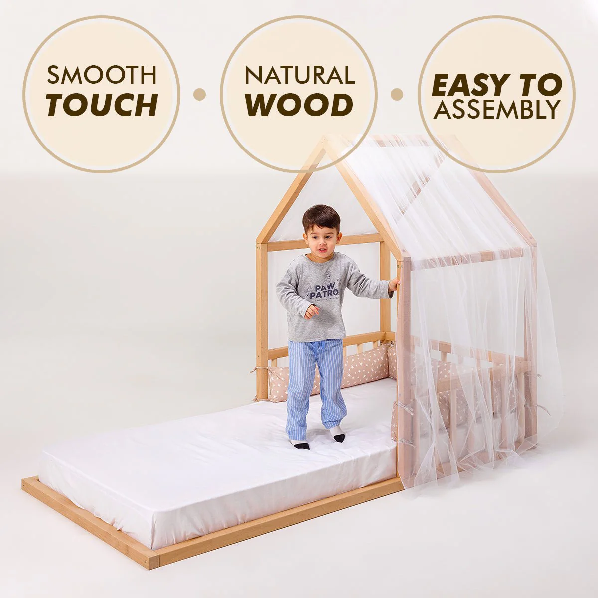 Small Wooden Montessori House Floor Bed with Fence and Roof for Kids (75x38 inch) - Image 9