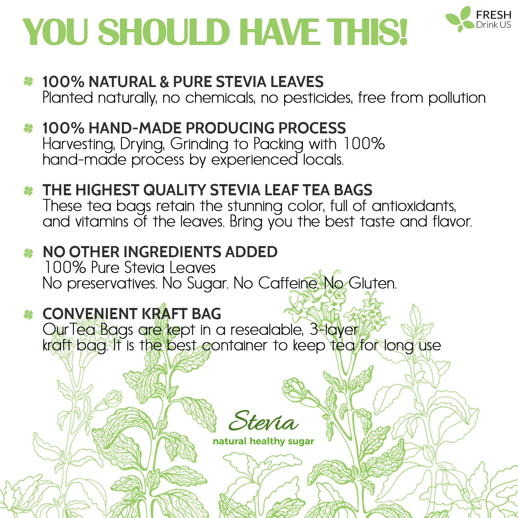 Stevia Leaf Tea Bags, 100% Natural & Pure Stevia leaves, Eco-Conscious Tea Bags, Stevia Herbal Tea. Stevia Leaf Tea. No Sugar, No Caffeine, No Gluten, Vegan - Image 2