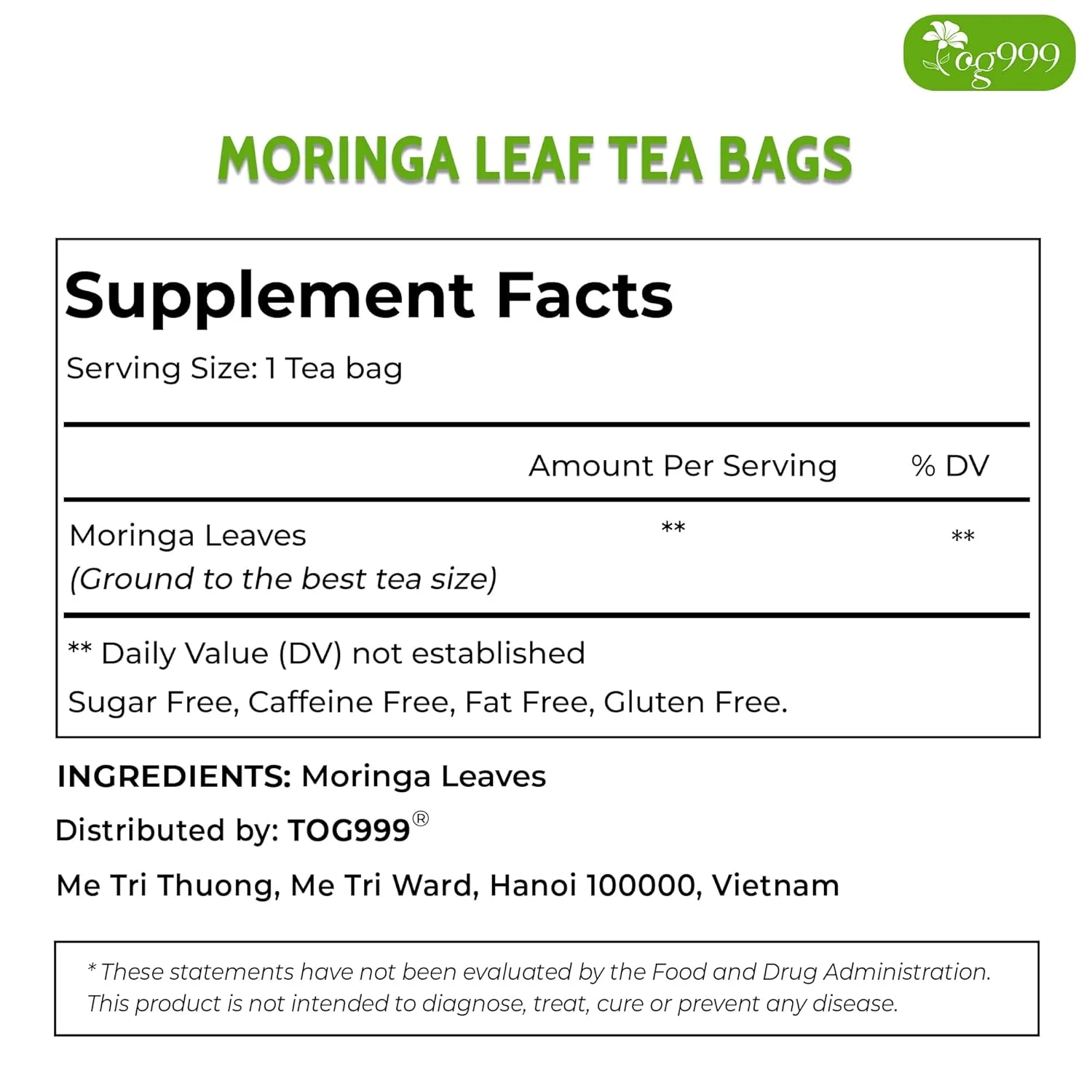 TOG999, Premium 120 Moringa Leaf Tea Bags, 100% Natural & Pure from Moringa Leaves. Loose Leaf Moringa Herbal Tea. Moringa Leaf Tea. No Sugar, No Caffeine, No Gluten, Vegan. - Image 8