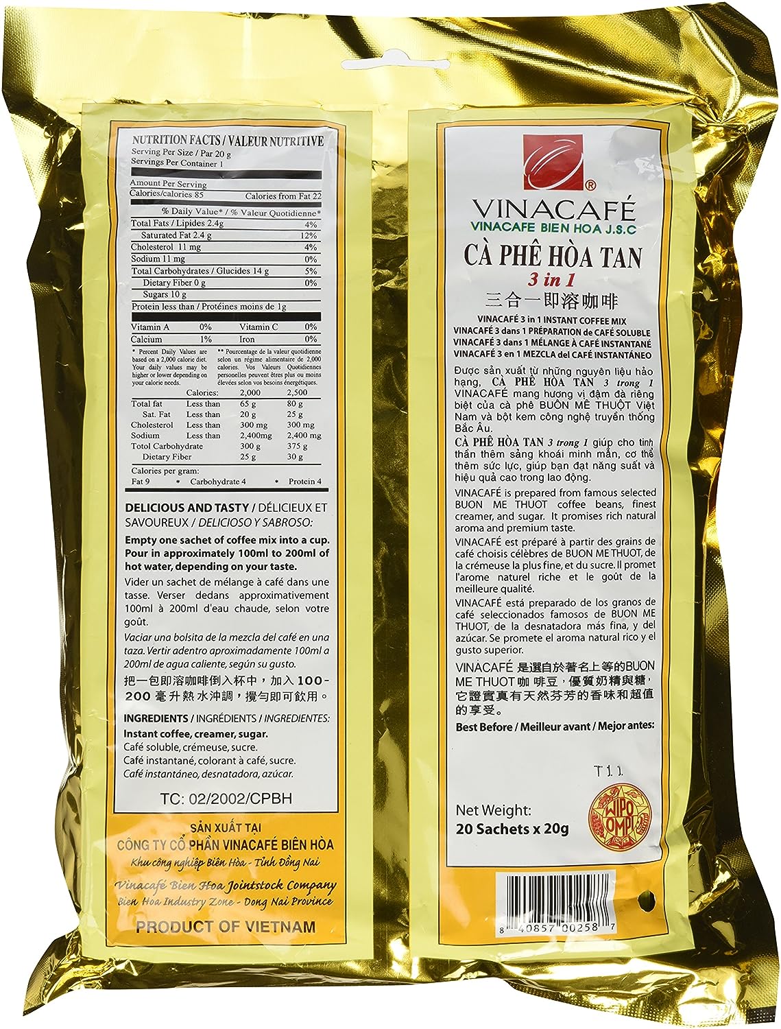 Vinacafe Instant Coffee Mix, 100 Sticks - Net Wt 4.4 Lbs (2 Kg) - Big Bag - Image 2