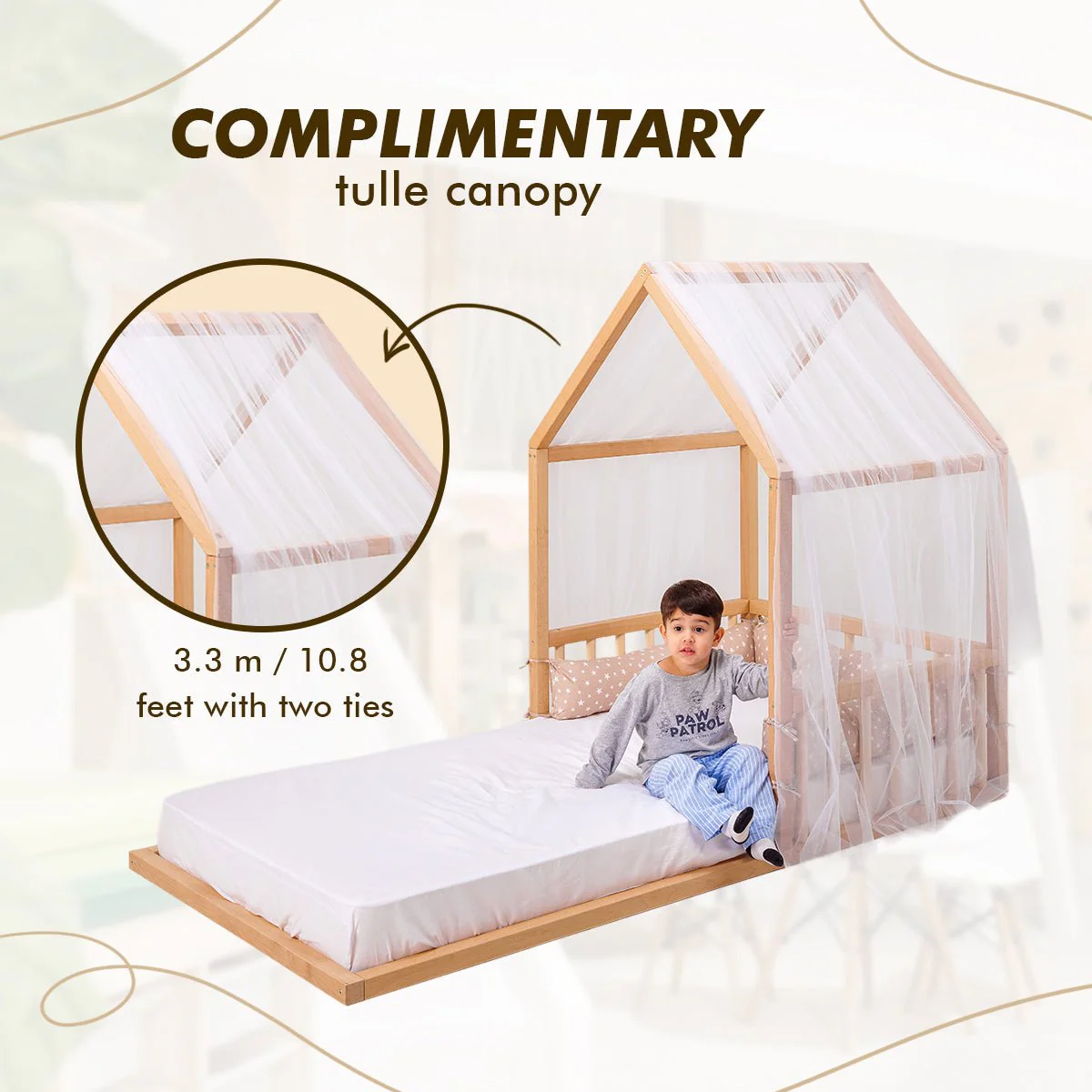 Wooden Montessori House Floor Bed with Fence and Roof for Kids (190x90 cm) - Image 4