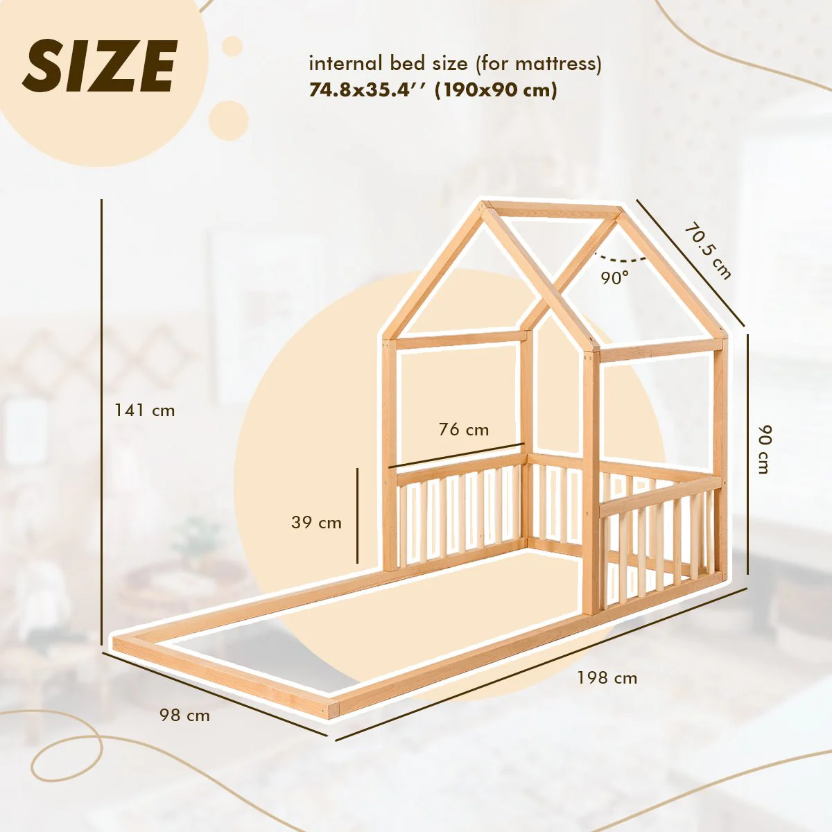 Wooden Montessori House Floor Bed with Fence and Roof for Kids (190x90 cm) - Image 6