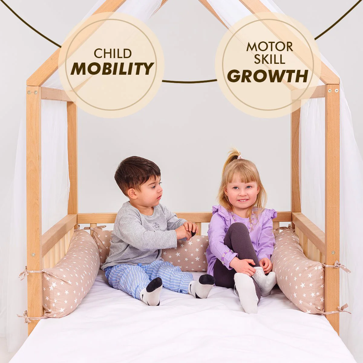Wooden Montessori House Floor Bed with Fence and Roof for Kids (190x90 cm) - Image 8